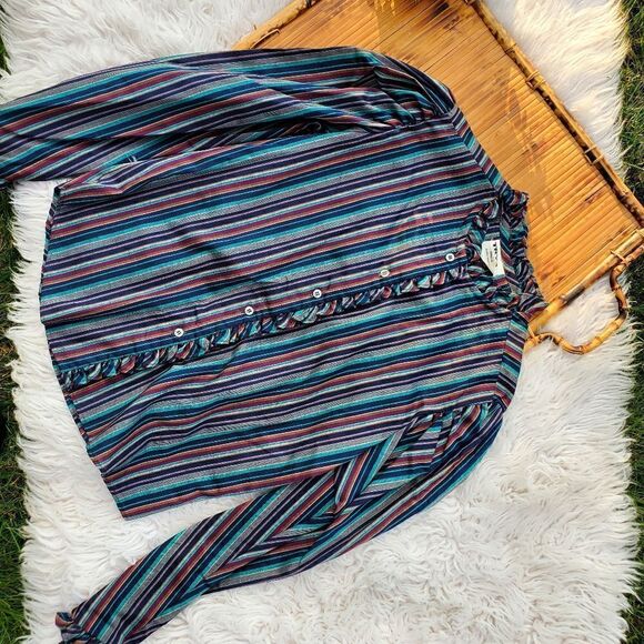 Vtg Ruffle Detail TRY 1 Striped Multicolored Secretary Style Shirt. Sz S Fit - Picture 10 of 12